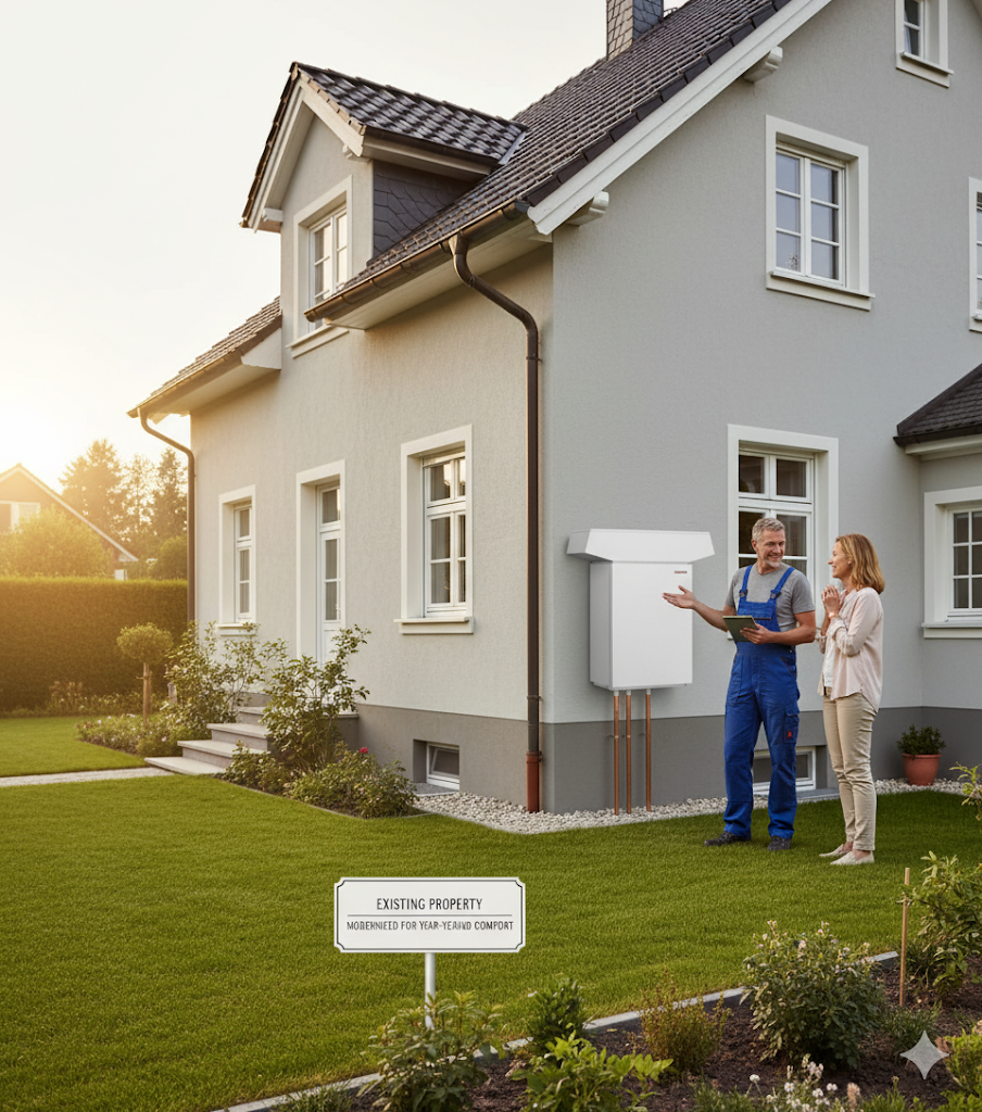 Technician describing an outdoor hot water system installation at a Maroochydore residence.