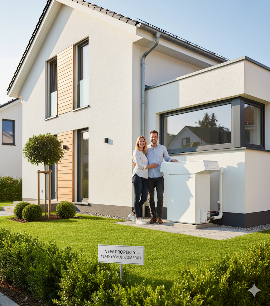 Couple standing next to an outdoor hot water system at a new Maroochydore home